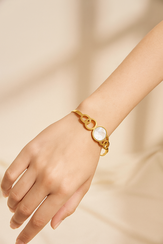 18K Gold-Plated Stainless Steel Handcuff Bracelet with White Stone Accent