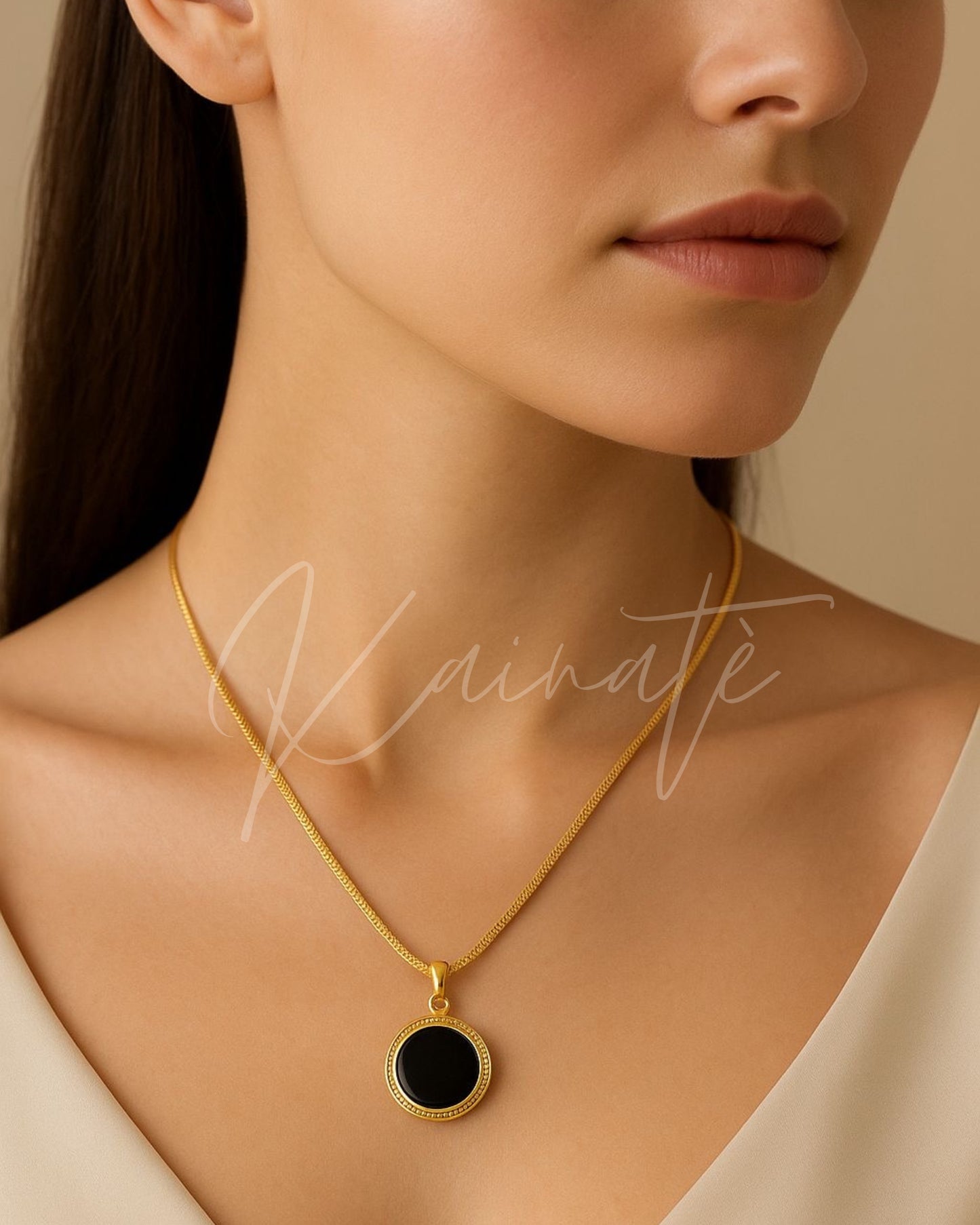 18K Gold-Plated Black Circle Pendant Necklace